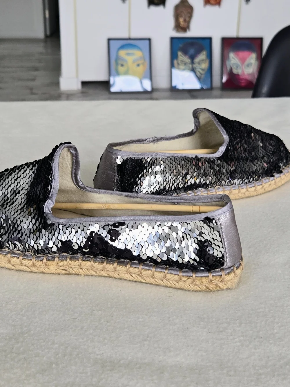 Esmara Reversible Sequin Espadrille-Style Flats – Silver/Black – Size 38 (US 7)